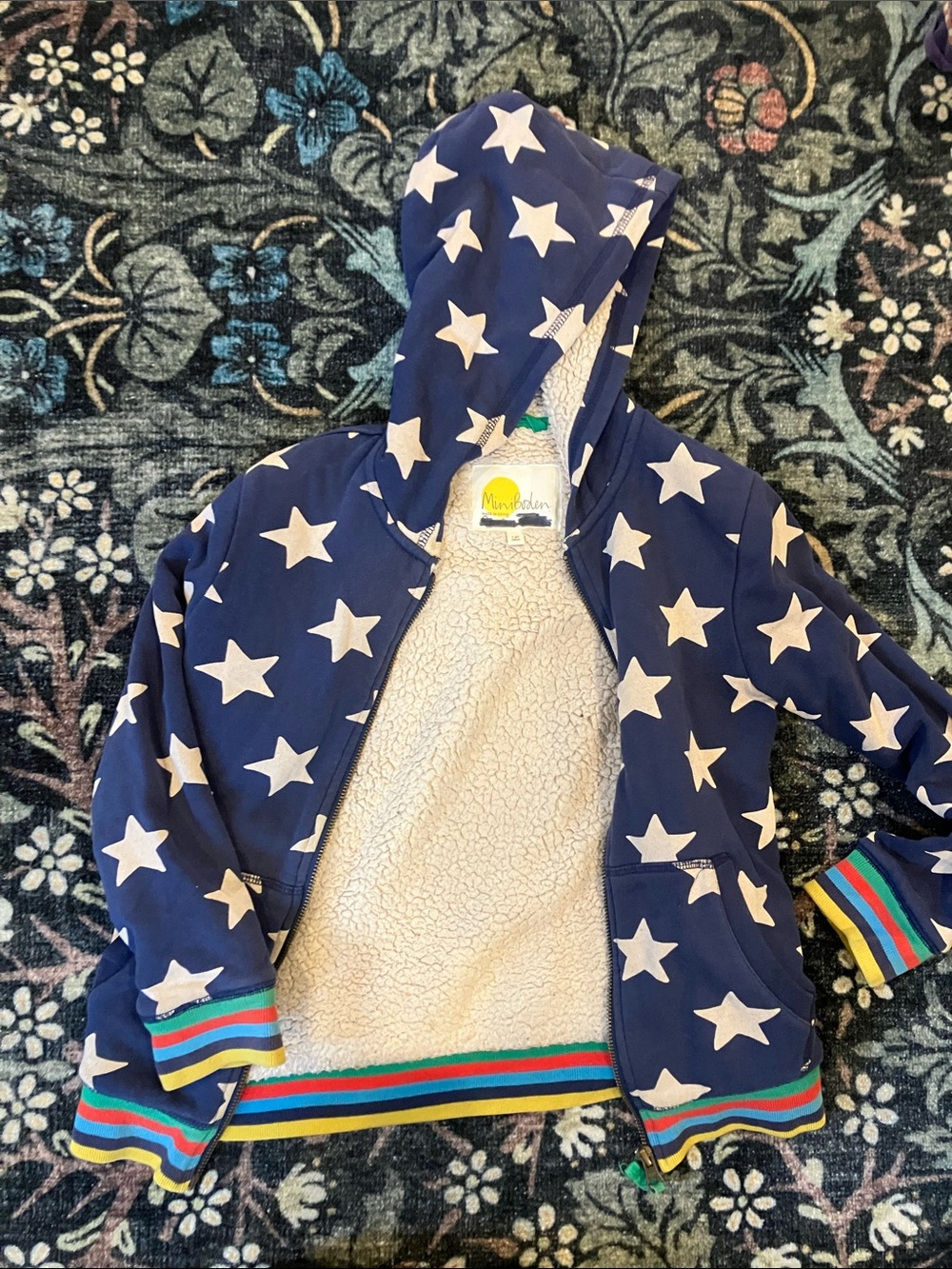Mini Boden Navy Star Hooded Jacket with Rainbow Trim